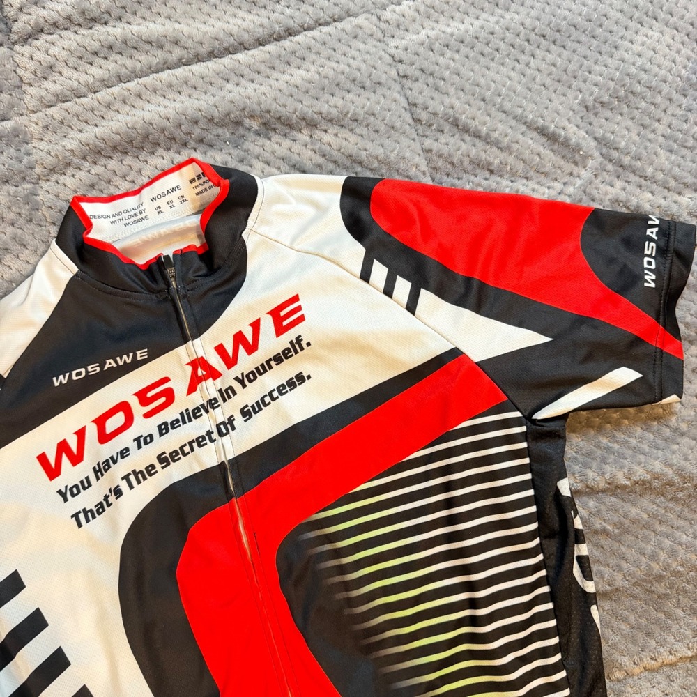 WOSAWE Mens Cycling Jersey XL Red Black White Short Sleeve Full Zip Bike Shirt